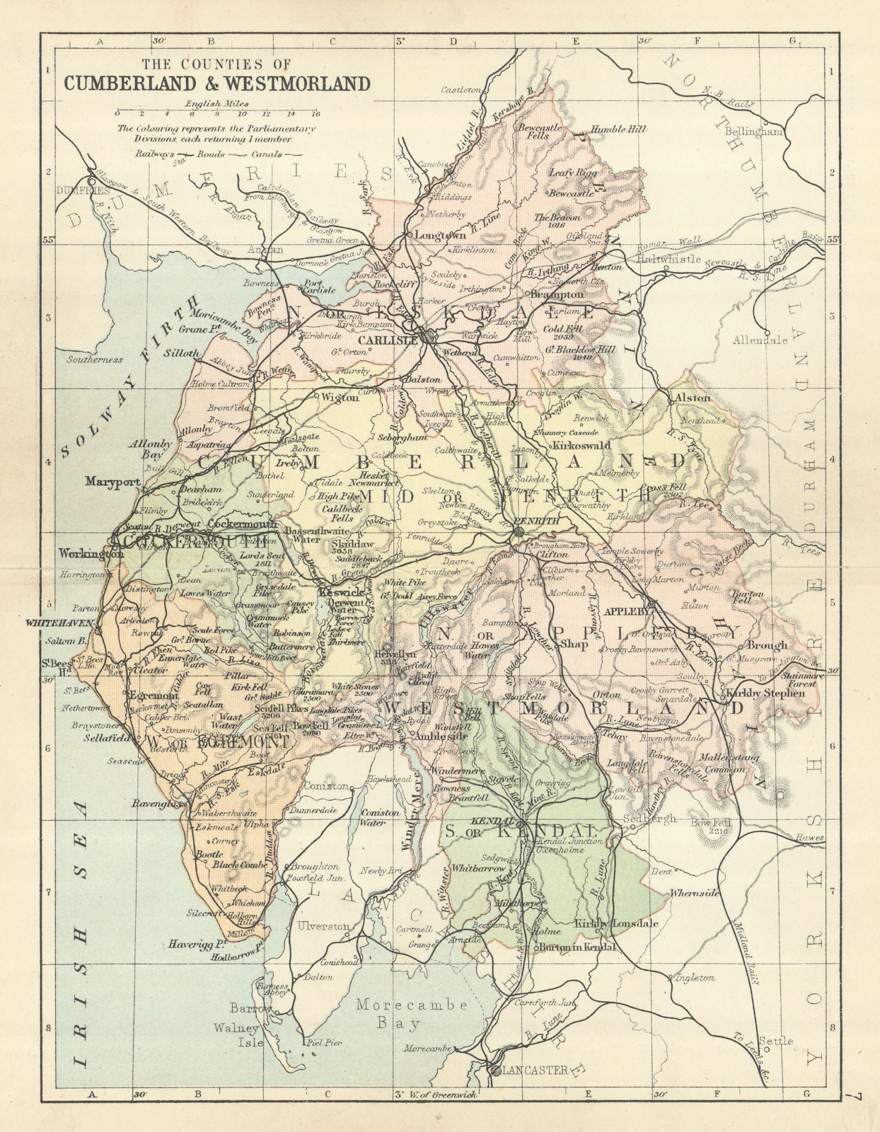 CUMBERLAND & WESTMORELAND. County map. Railways Constituencies. PHILIP 1889